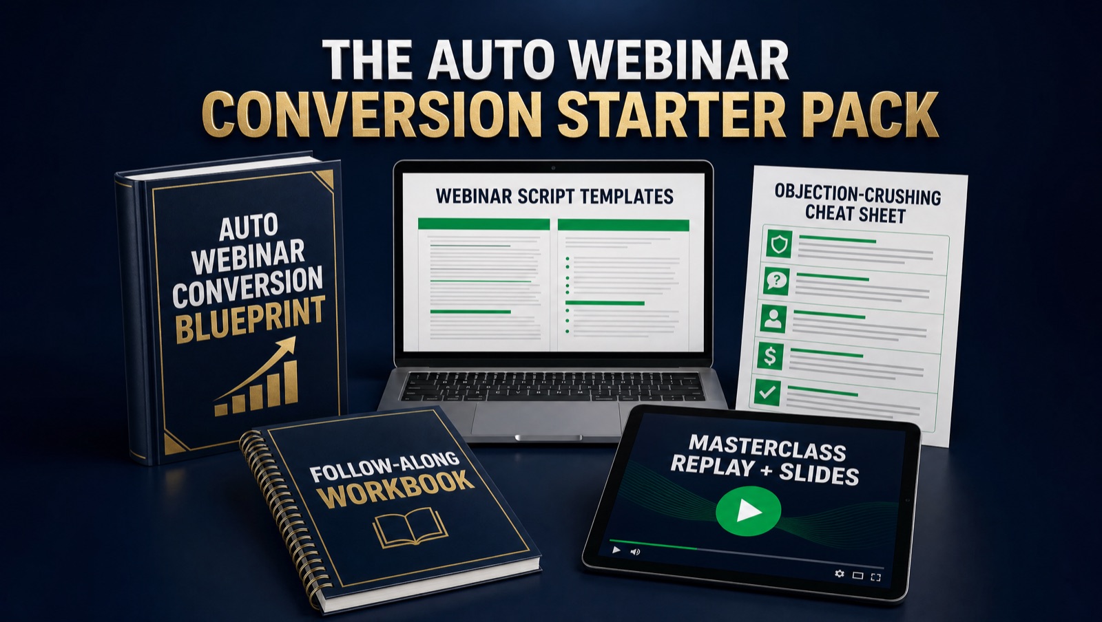 The Auto Webinar Conversion Starter Pack: Blueprint eBook, Webinar Script Templates, Objection-Crushing Cheat Sheet, Follow-Along Workbook, and Masterclass Replay + Slides